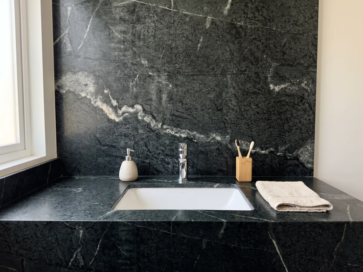 Cubierta de lavabo y pared de baño en cuarcita verde Pietra Ollare con lavamanos blanco y grifería cromada: verde casi negro granulado con una veta blanca serpenteante