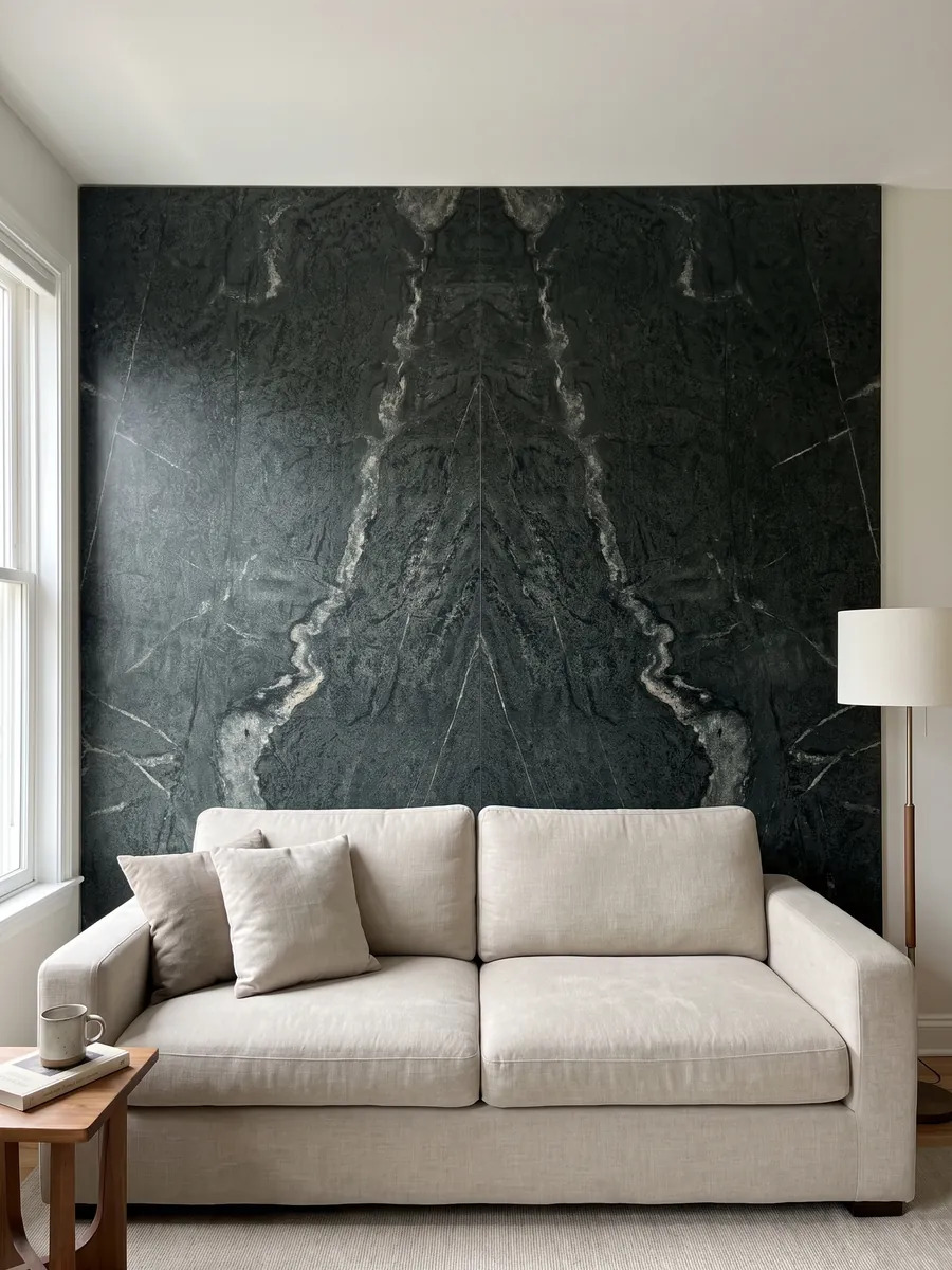 Pared de sala revestida con placas de cuarcita verde Pietra Ollare abiertas en libro detrás de un sofá: verde casi negro granulado con una veta blanca serpenteante