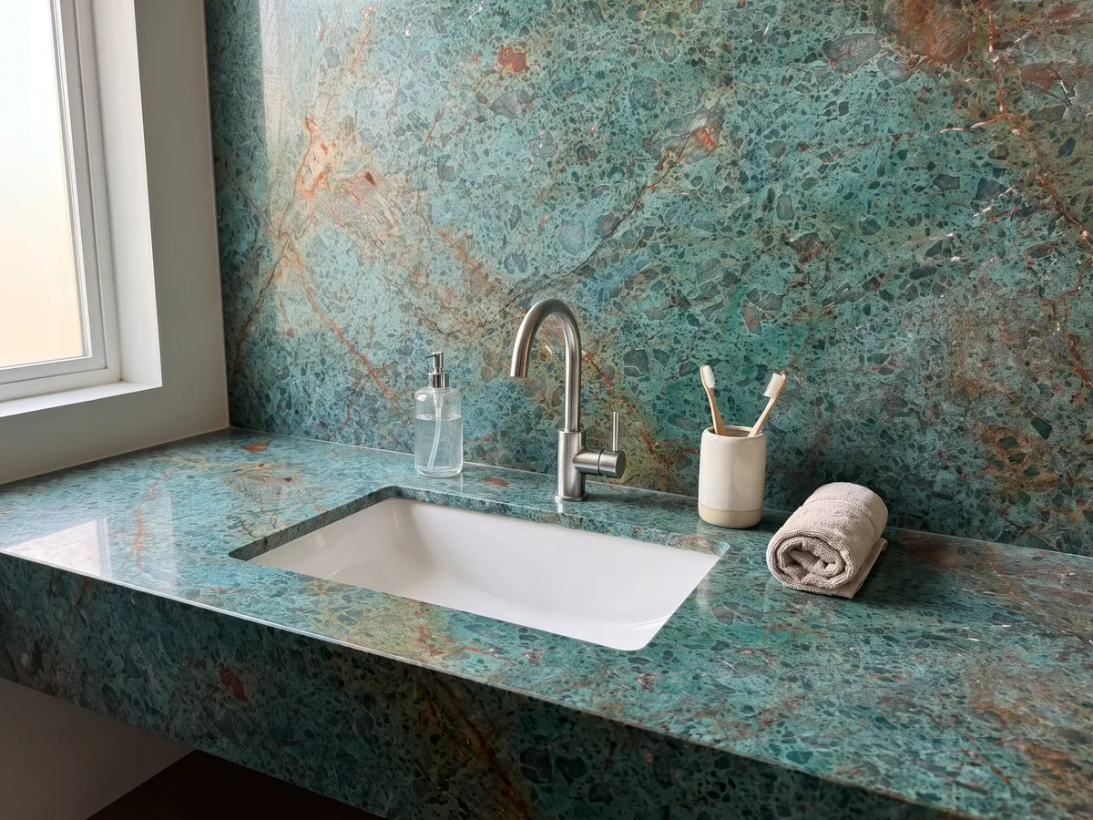 Cubierta de lavabo y pared de baño en cuarcita verde Tanzanite con lavamanos blanco y grifería cromada: turquesa moteado cruzado por una banda diagonal rojo óxido