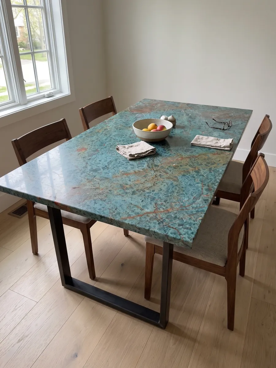 Mesa de comedor con cubierta de cuarcita verde Tanzanite sobre base de acero: turquesa moteado cruzado por una banda diagonal rojo óxido