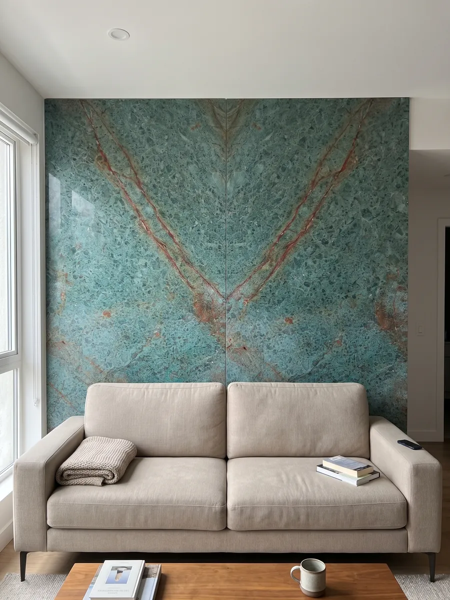 Pared de sala revestida con placas de cuarcita verde Tanzanite abiertas en libro detrás de un sofá: turquesa moteado cruzado por una banda diagonal rojo óxido