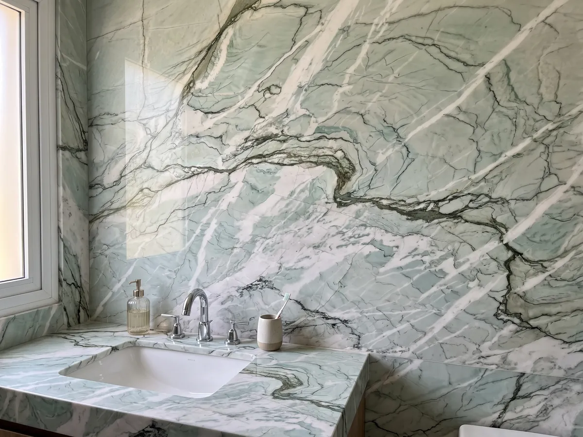Cubierta de lavabo y pared de baño en cuarcita verde Tiffany Wow con lavamanos blanco y grifería cromada: verde agua y blanco con vetas oscuras onduladas muy marcadas