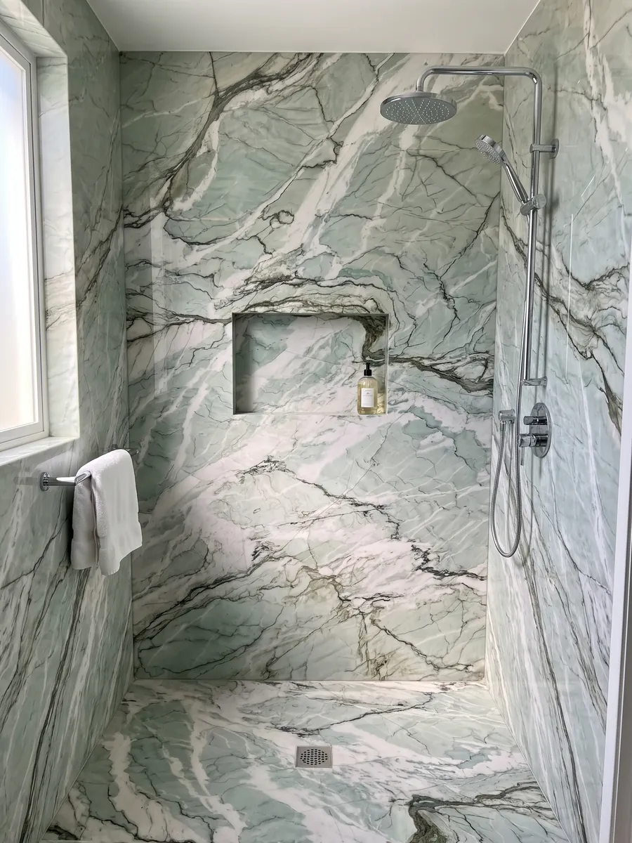Ducha revestida con placas enteras de cuarcita verde Tiffany Wow con nicho empotrado: verde agua y blanco con vetas oscuras onduladas muy marcadas