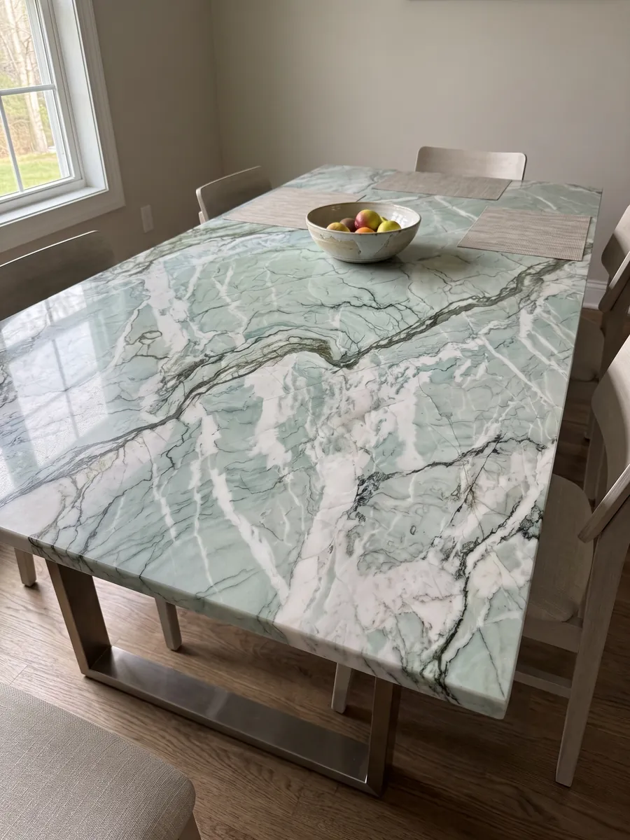 Mesa de comedor con cubierta de cuarcita verde Tiffany Wow sobre base de acero: verde agua y blanco con vetas oscuras onduladas muy marcadas