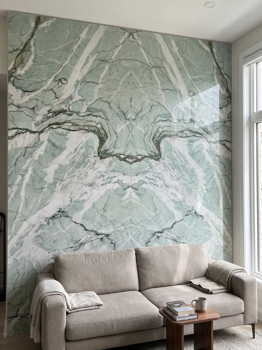 Pared de sala revestida con placas de cuarcita verde Tiffany Wow abiertas en libro detrás de un sofá: verde agua y blanco con vetas oscuras onduladas muy marcadas