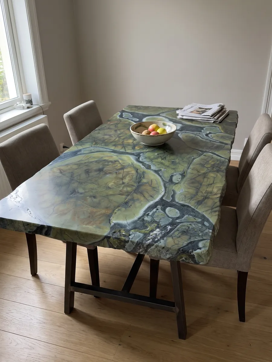 Mesa de comedor con cubierta de cuarcita verde Victoria Regia sobre base de acero: celdas redondeadas verde oliva con bordes oscuros, como hojas de nenúfar