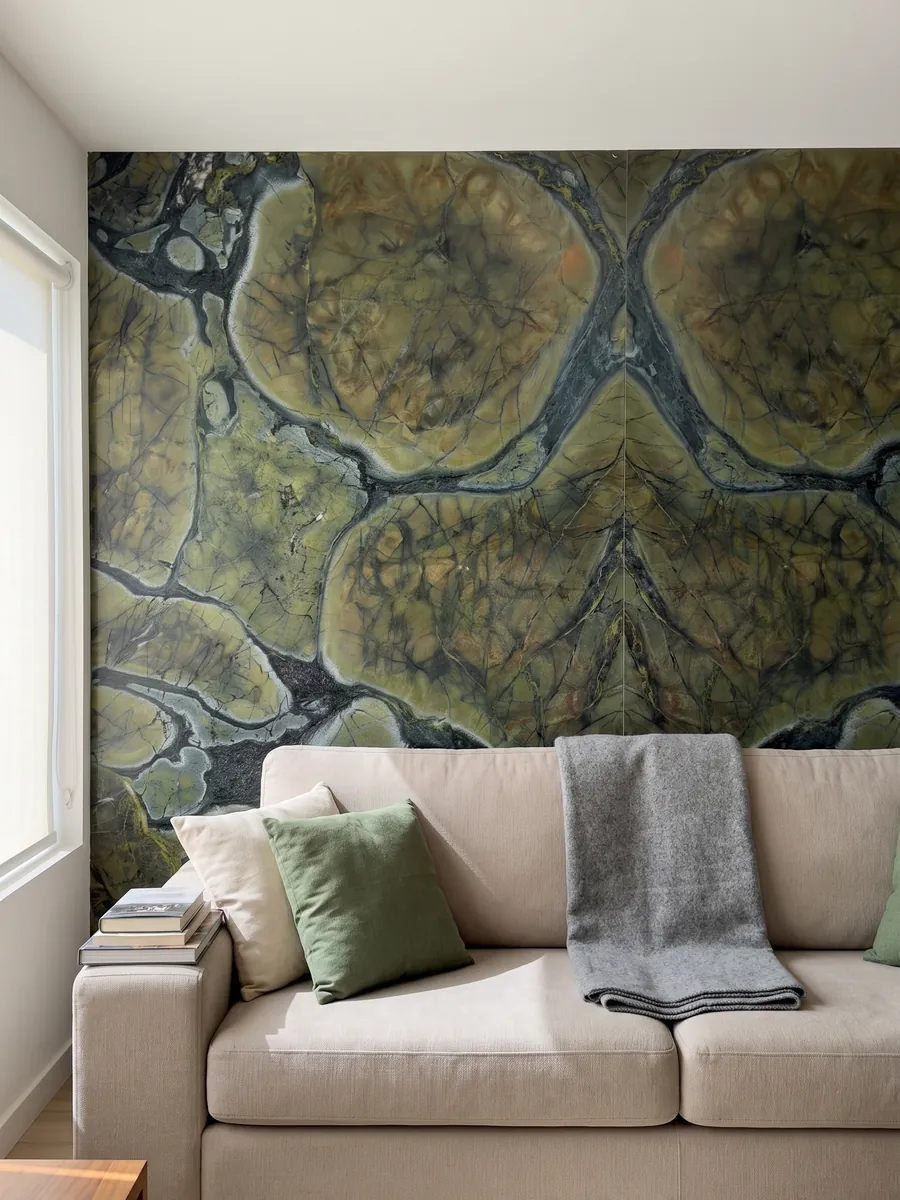 Pared de sala revestida con placas de cuarcita verde Victoria Regia abiertas en libro detrás de un sofá: celdas redondeadas verde oliva con bordes oscuros, como hojas de nenúfar