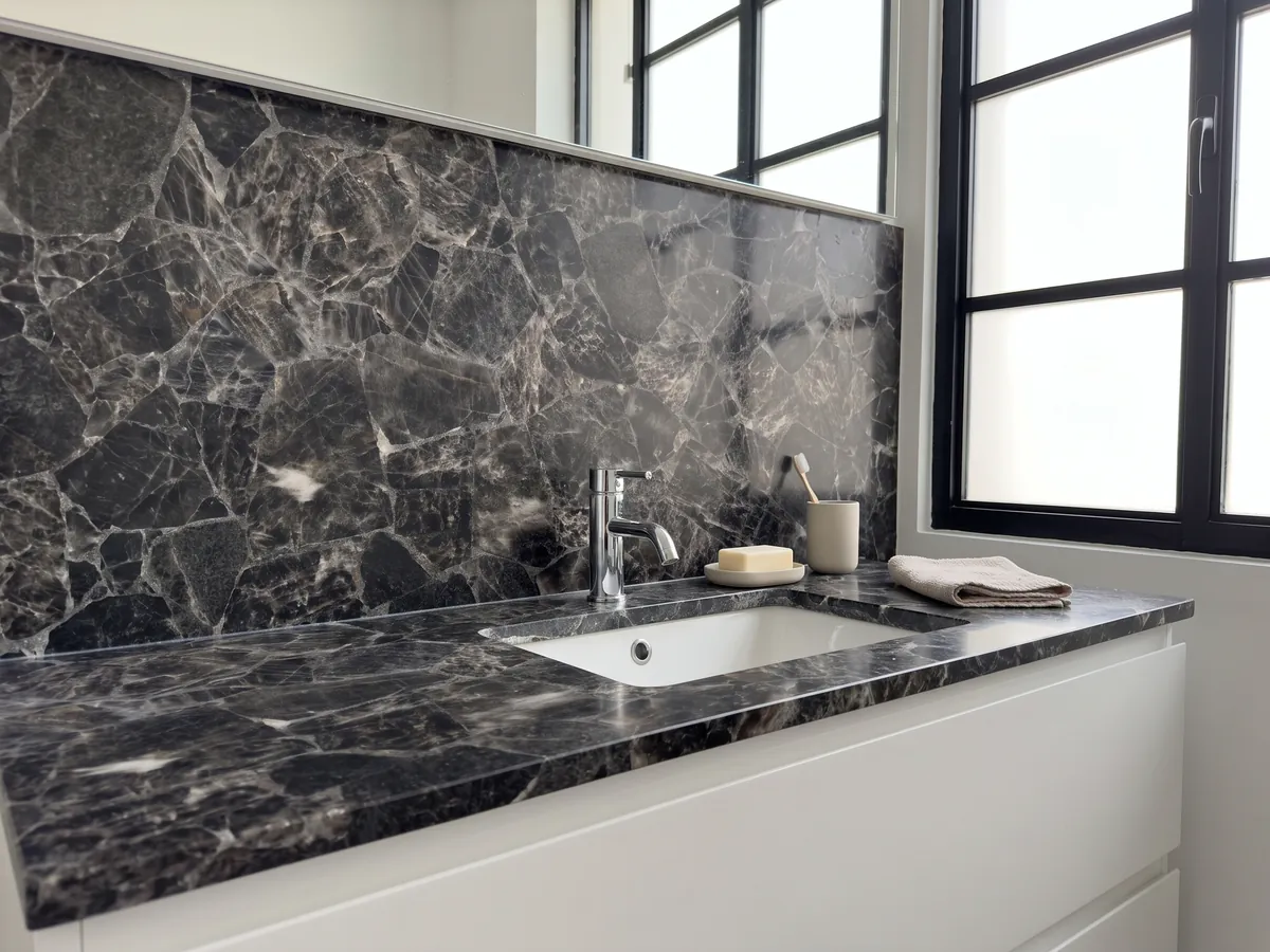 Cubierta de lavabo y pared de baño en Cuarzo Ahumado con lavamanos blanco y grifería cromada: fragmentos gris oscuro casi negro delimitados por bordes y líneas claras