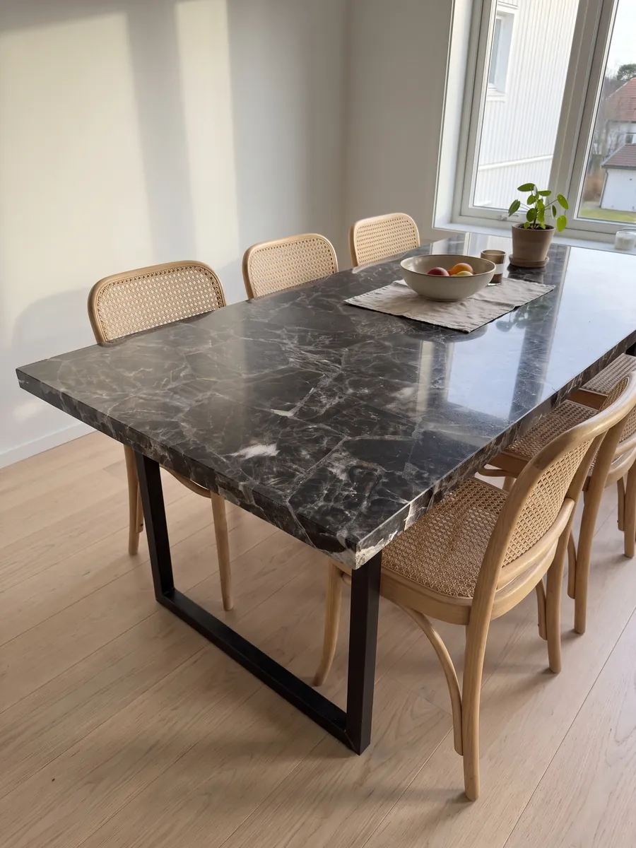 Mesa de comedor con cubierta de Cuarzo Ahumado sobre base de acero: fragmentos gris oscuro casi negro delimitados por bordes y líneas claras