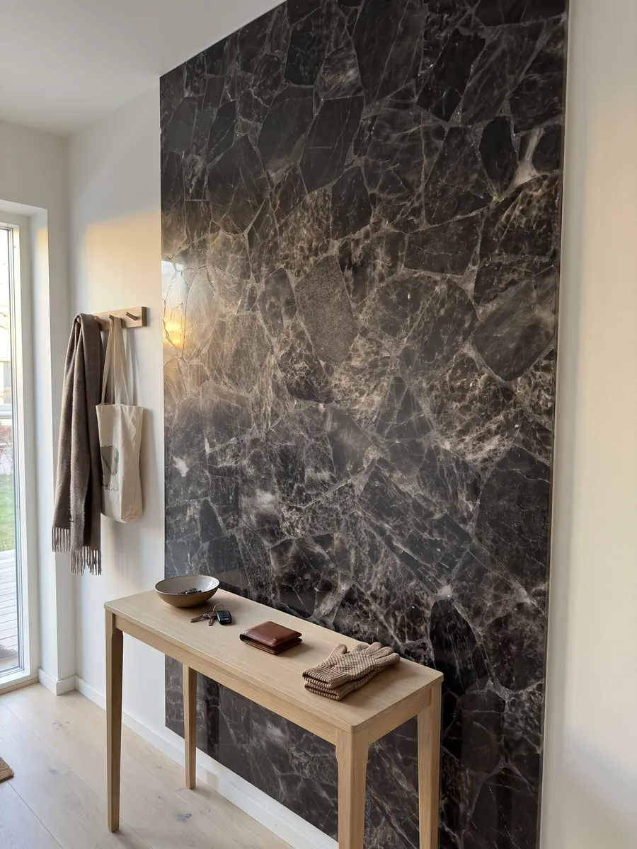 Pared de recibidor revestida con Cuarzo Ahumado con consola estrecha: fragmentos gris oscuro casi negro delimitados por bordes y líneas claras