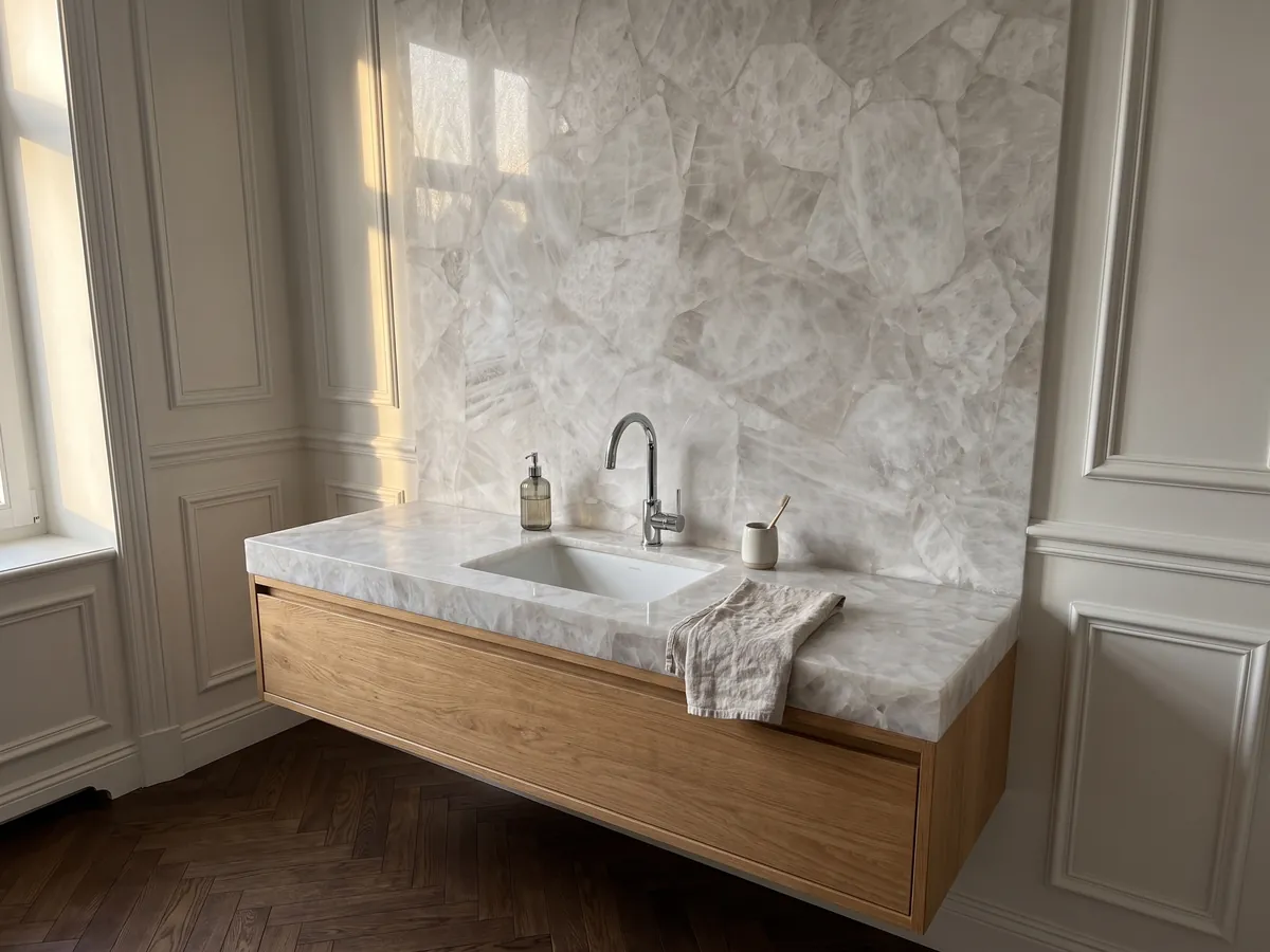 Cubierta de lavabo y pared de baño en Cuarzo Blanco con lavamanos blanco y grifería cromada: blanco grisáceo cristalino y suave, con fragmentos apenas marcados