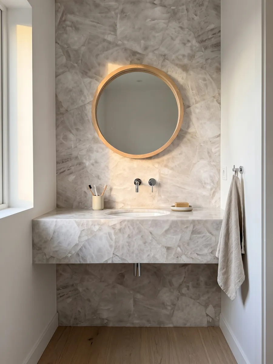 Baño de visitas con pared y cubierta flotante de Cuarzo Blanco con espejo redondo: blanco grisáceo cristalino y suave, con fragmentos apenas marcados