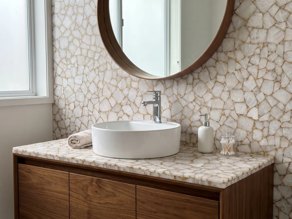 Cubierta de lavabo y pared de baño en Cuarzo Blanco con Hoja de Oro con lavamanos blanco y grifería cromada: polígonos de cuarzo blanco unidos por una red de juntas doradas