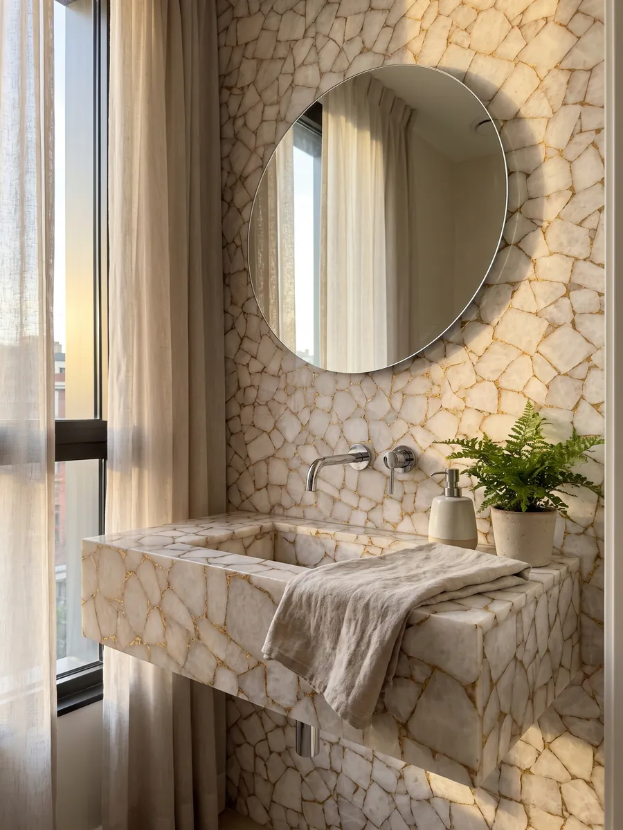 Baño de visitas con pared y cubierta flotante de Cuarzo Blanco con Hoja de Oro con espejo redondo: polígonos de cuarzo blanco unidos por una red de juntas doradas