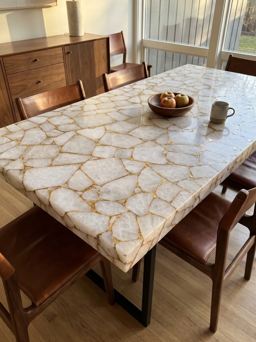 Mesa de comedor con cubierta de Cuarzo Blanco con Hoja de Oro sobre base de acero: polígonos de cuarzo blanco unidos por una red de juntas doradas