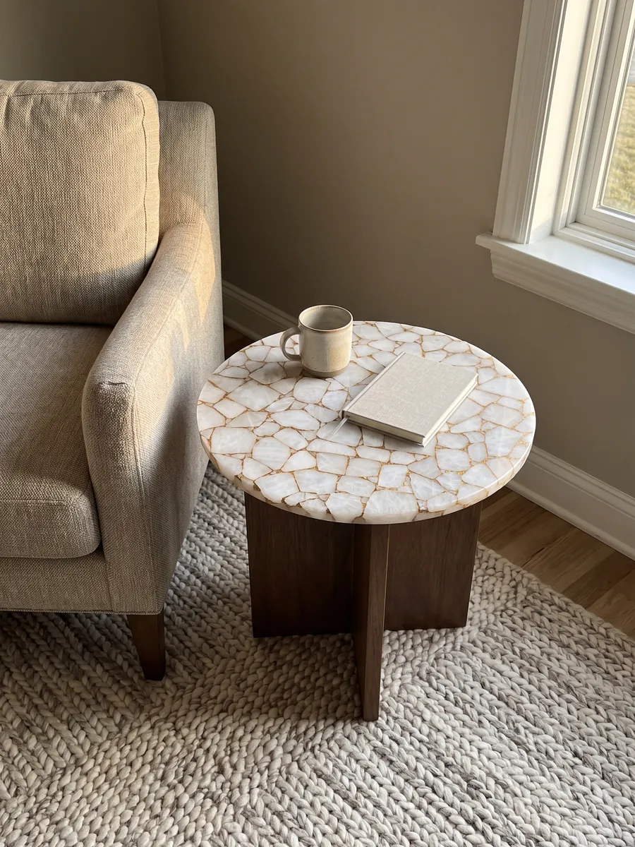 Mesa auxiliar con cubierta de Cuarzo Blanco con Hoja de Oro junto a un sillón: polígonos de cuarzo blanco unidos por una red de juntas doradas