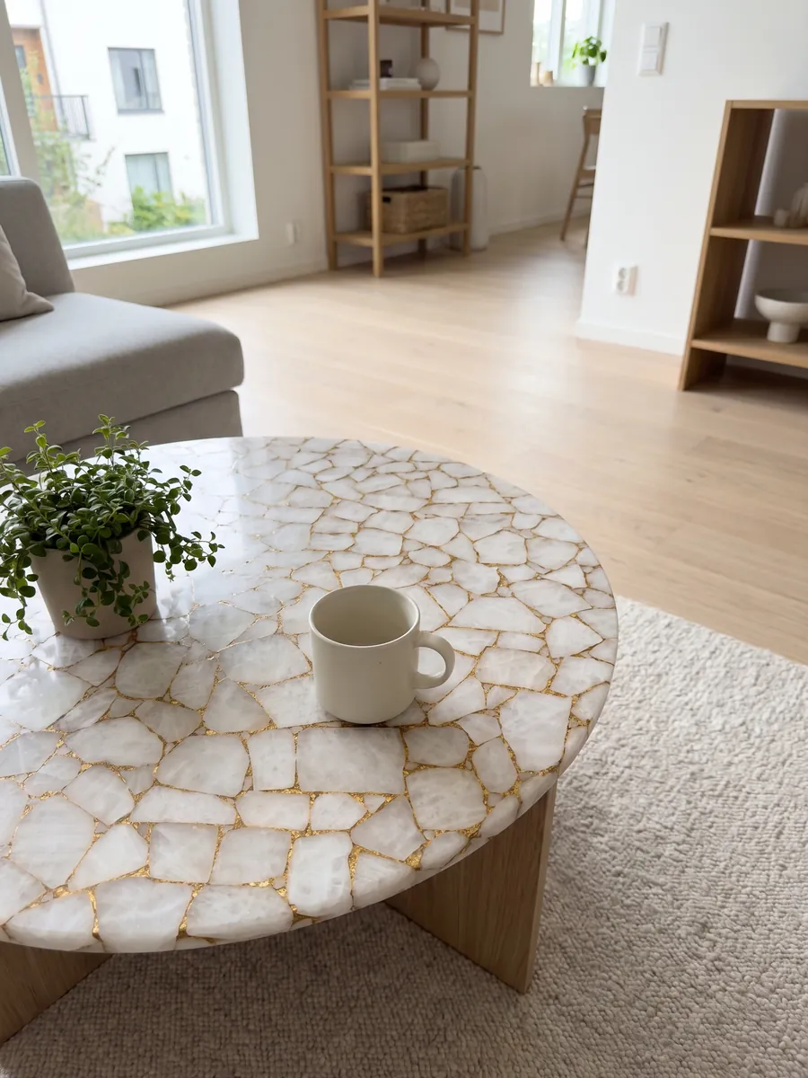 Mesa de centro con cubierta de Cuarzo Blanco con Hoja de Oro en una sala: polígonos de cuarzo blanco unidos por una red de juntas doradas