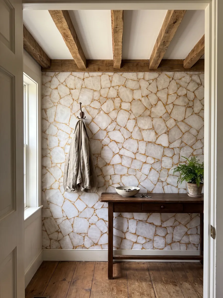 Pared de recibidor revestida con Cuarzo Blanco con Hoja de Oro con consola estrecha: polígonos de cuarzo blanco unidos por una red de juntas doradas