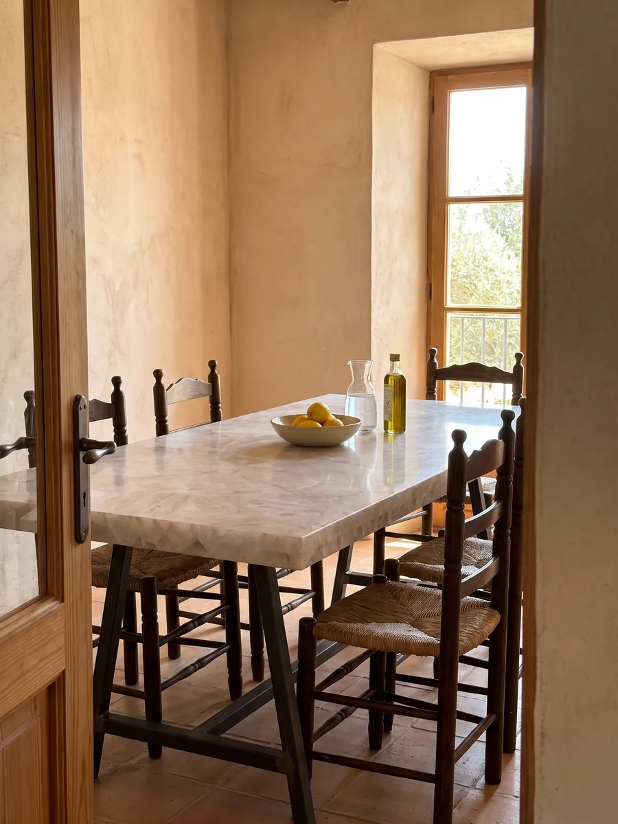 Mesa de comedor con cubierta de Cuarzo Blanco sobre base de acero: blanco grisáceo cristalino y suave, con fragmentos apenas marcados