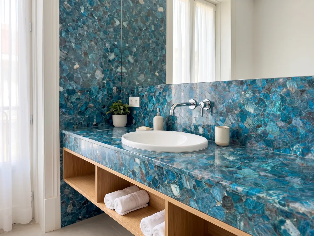 Cubierta de lavabo y pared de baño en Cuarzo de Mar con lavamanos blanco y grifería cromada: fragmentos turquesa y azules cristalinos muy juntos