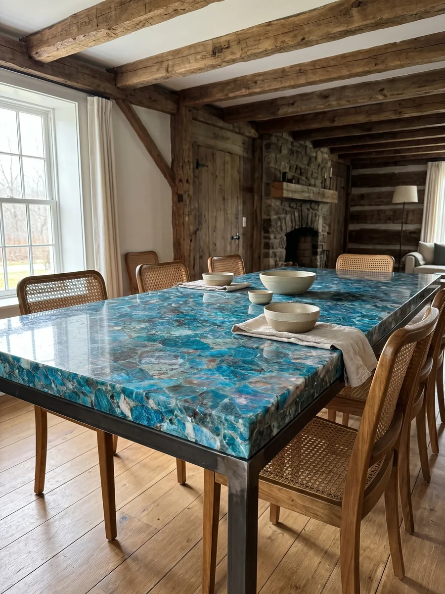 Mesa de comedor con cubierta de Cuarzo de Mar sobre base de acero: fragmentos turquesa y azules cristalinos muy juntos