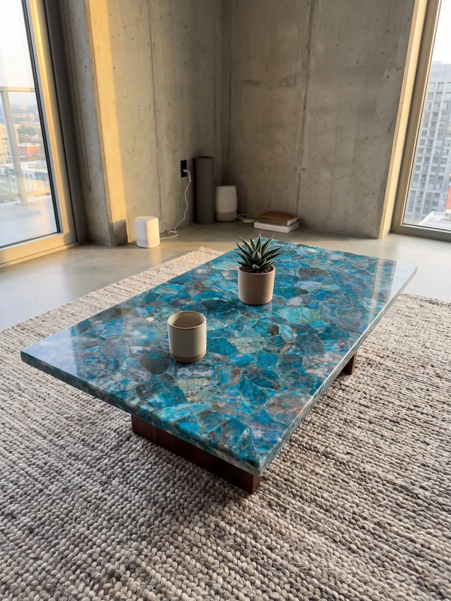 Mesa de centro con cubierta de Cuarzo de Mar en una sala: fragmentos turquesa y azules cristalinos muy juntos