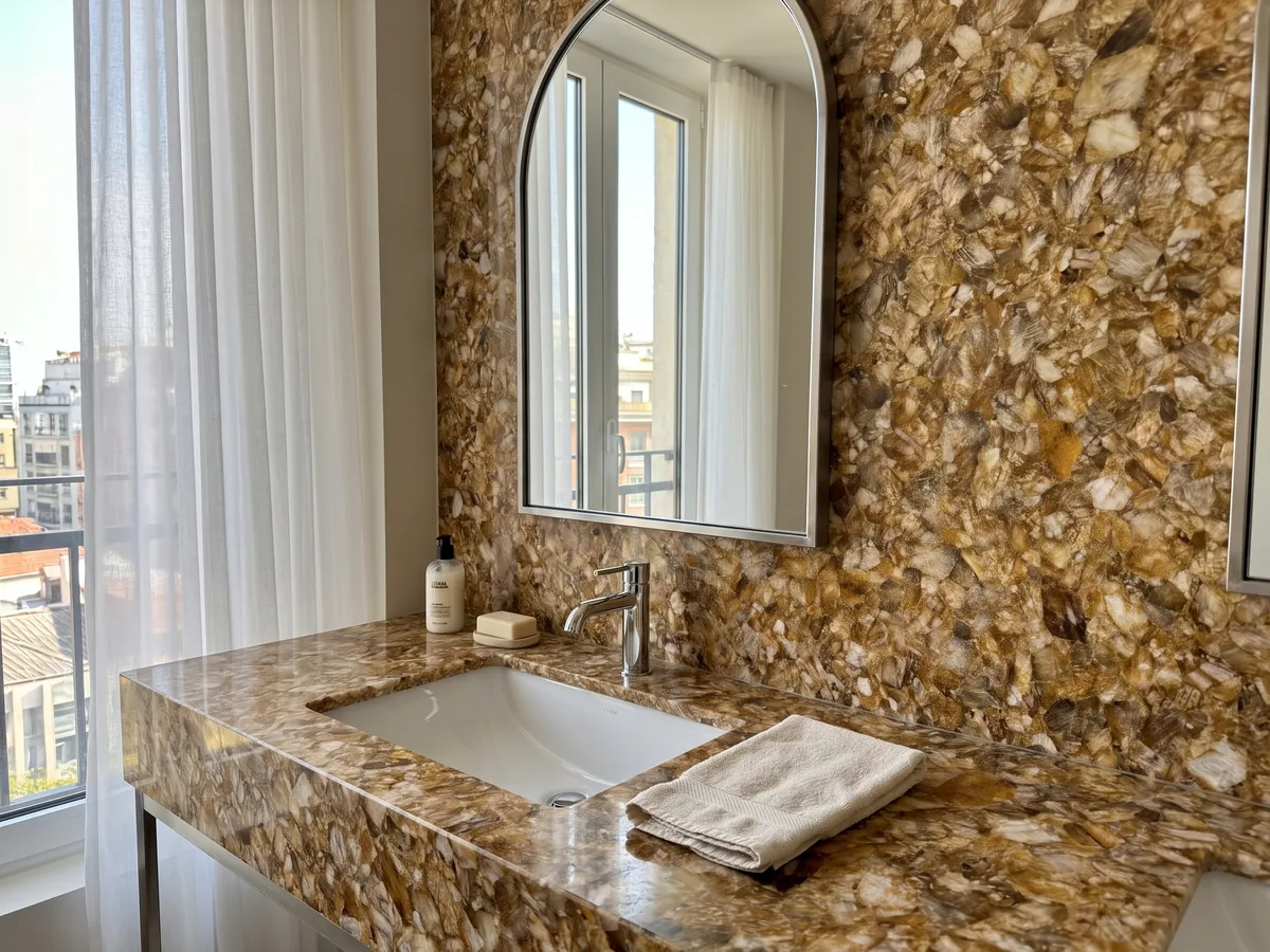 Cubierta de lavabo y pared de baño en Cuarzo Limón con lavamanos blanco y grifería cromada: fragmentos cristalinos miel y crema muy apretados