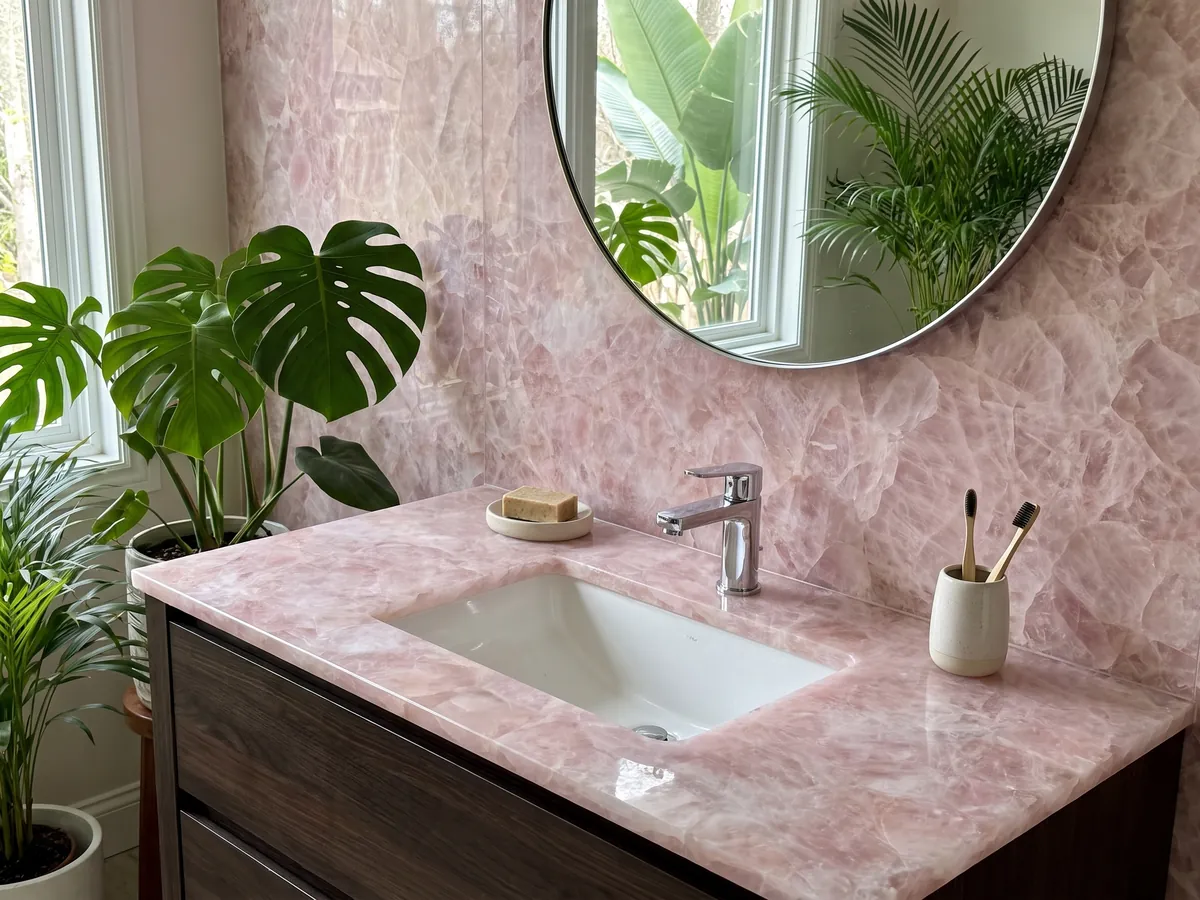 Cubierta de lavabo y pared de baño en Cuarzo Rosa con lavamanos blanco y grifería cromada: rosa pálido cristalino con fragmentos más blancos