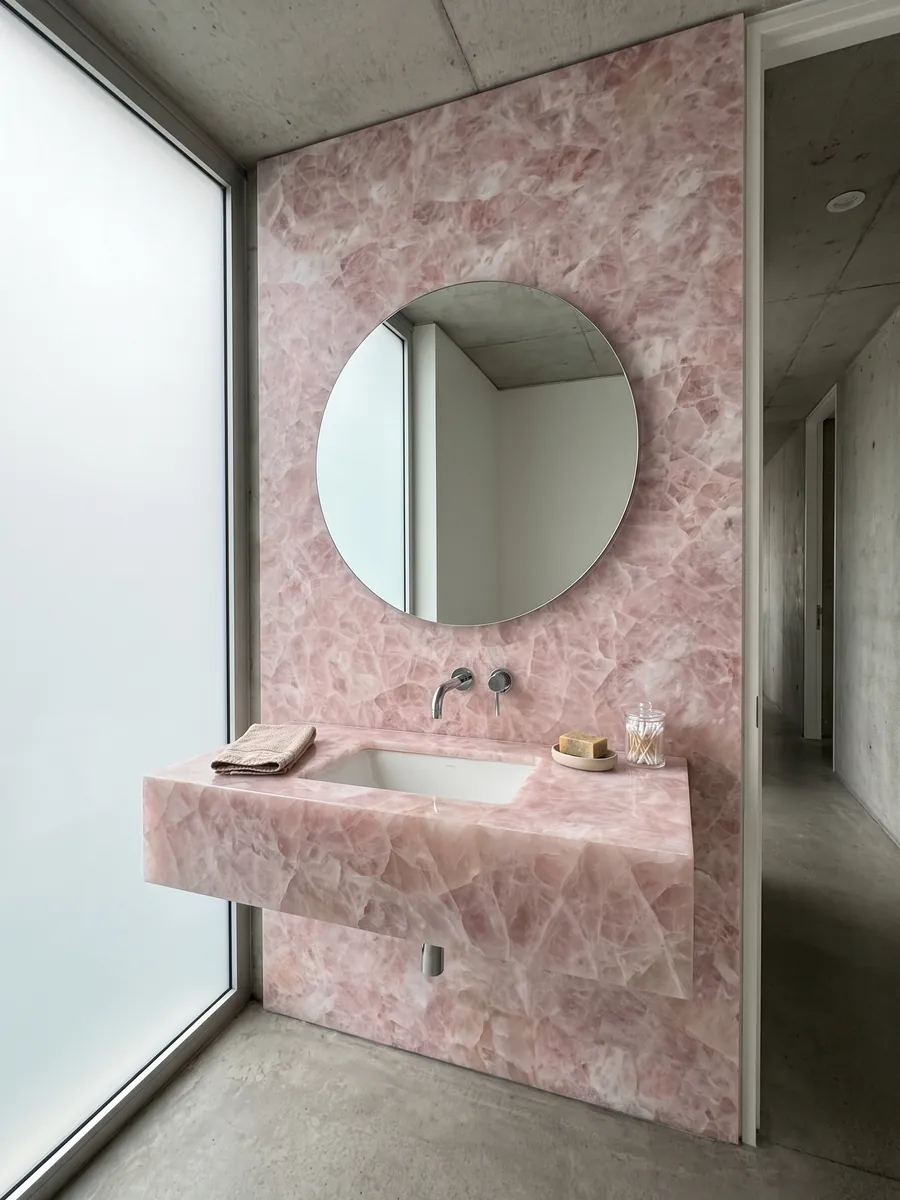 Baño de visitas con pared y cubierta flotante de Cuarzo Rosa con espejo redondo: rosa pálido cristalino con fragmentos más blancos