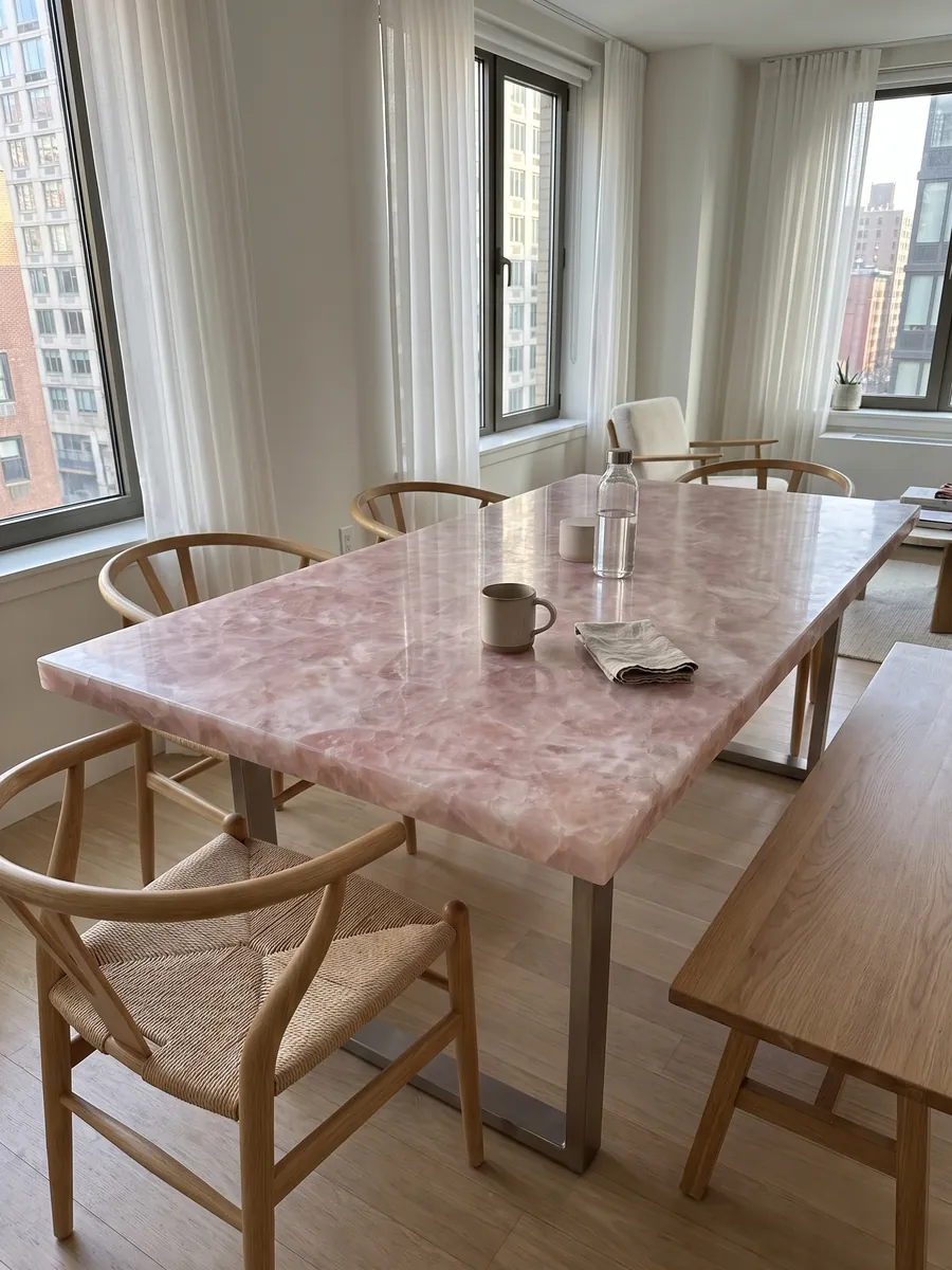 Mesa de comedor con cubierta de Cuarzo Rosa sobre base de acero: rosa pálido cristalino con fragmentos más blancos
