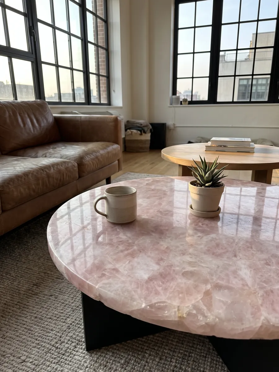 Mesa de centro con cubierta de Cuarzo Rosa en una sala: rosa pálido cristalino con fragmentos más blancos