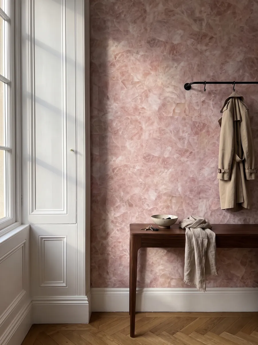 Pared de recibidor revestida con Cuarzo Rosa con consola estrecha: rosa pálido cristalino con fragmentos más blancos