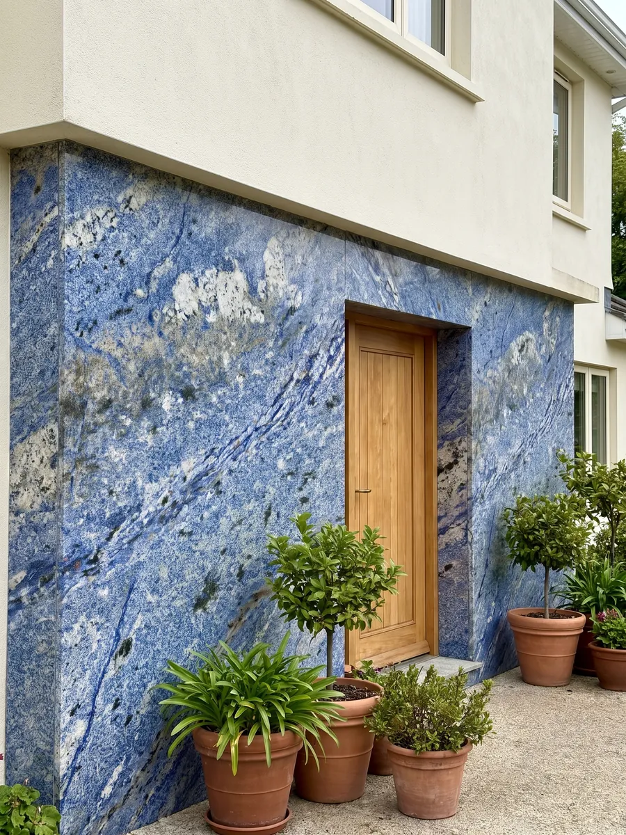 Fachada de casa revestida con Granito Azul Bahia junto a una puerta de madera: azul intenso granulado con zonas blancas y manchas oscuras