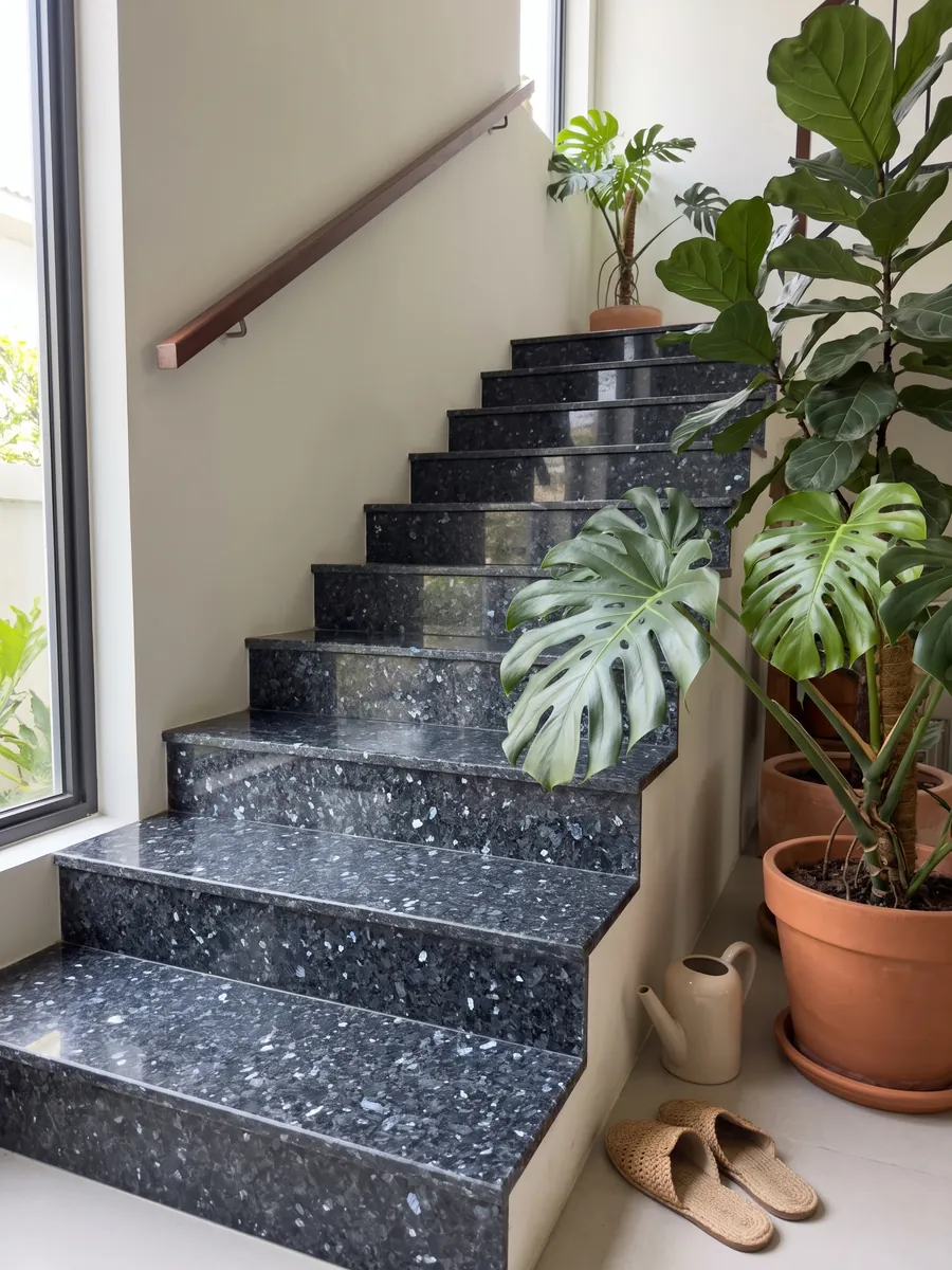 Escalera interior con peldaños de granito azul Blue Pearl con pasamanos: gris azulado casi negro con cristales que brillan azul plateado