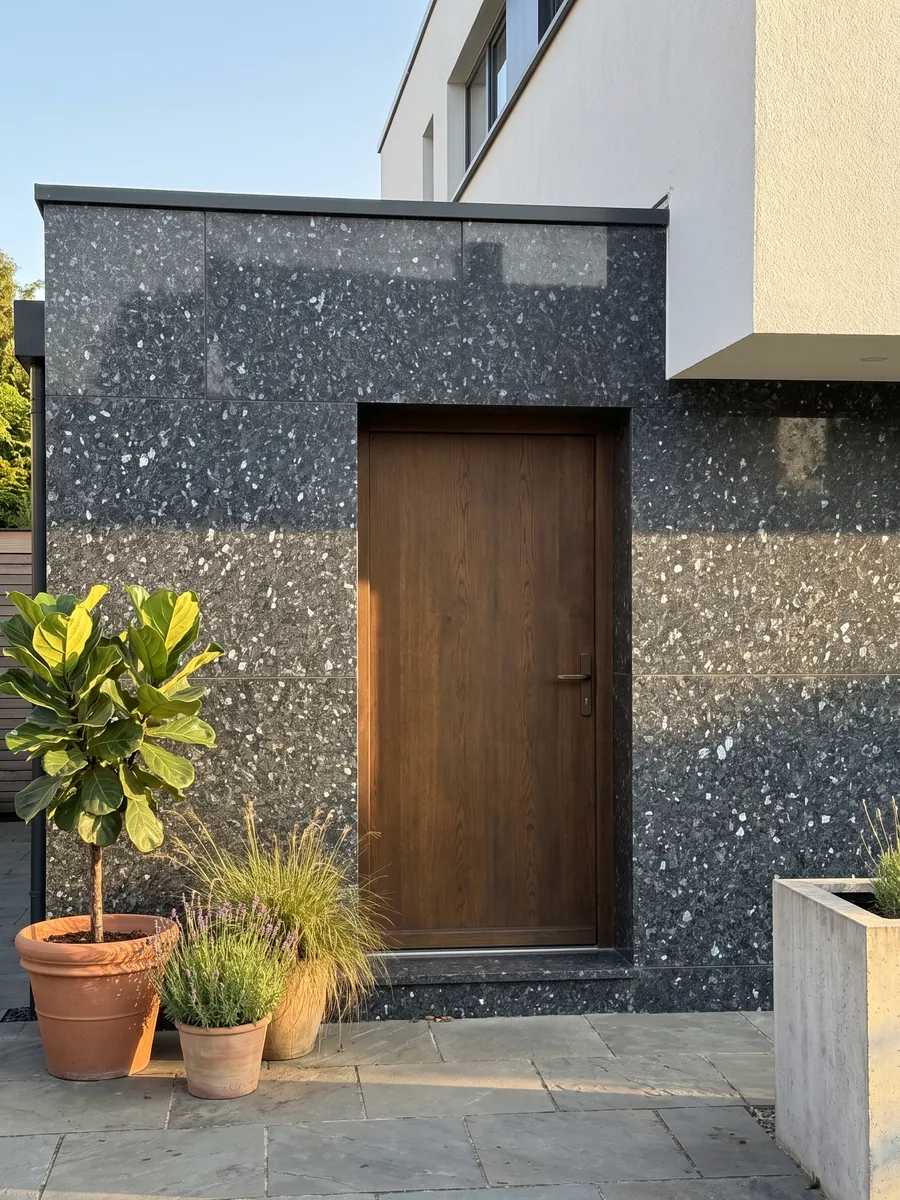 Fachada de casa revestida con granito azul Blue Pearl junto a una puerta de madera: gris azulado casi negro con cristales que brillan azul plateado