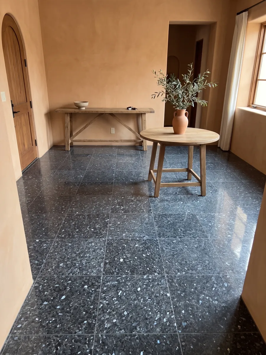 Piso de recibidor en placas grandes de granito azul Blue Pearl con luz natural: gris azulado casi negro con cristales que brillan azul plateado