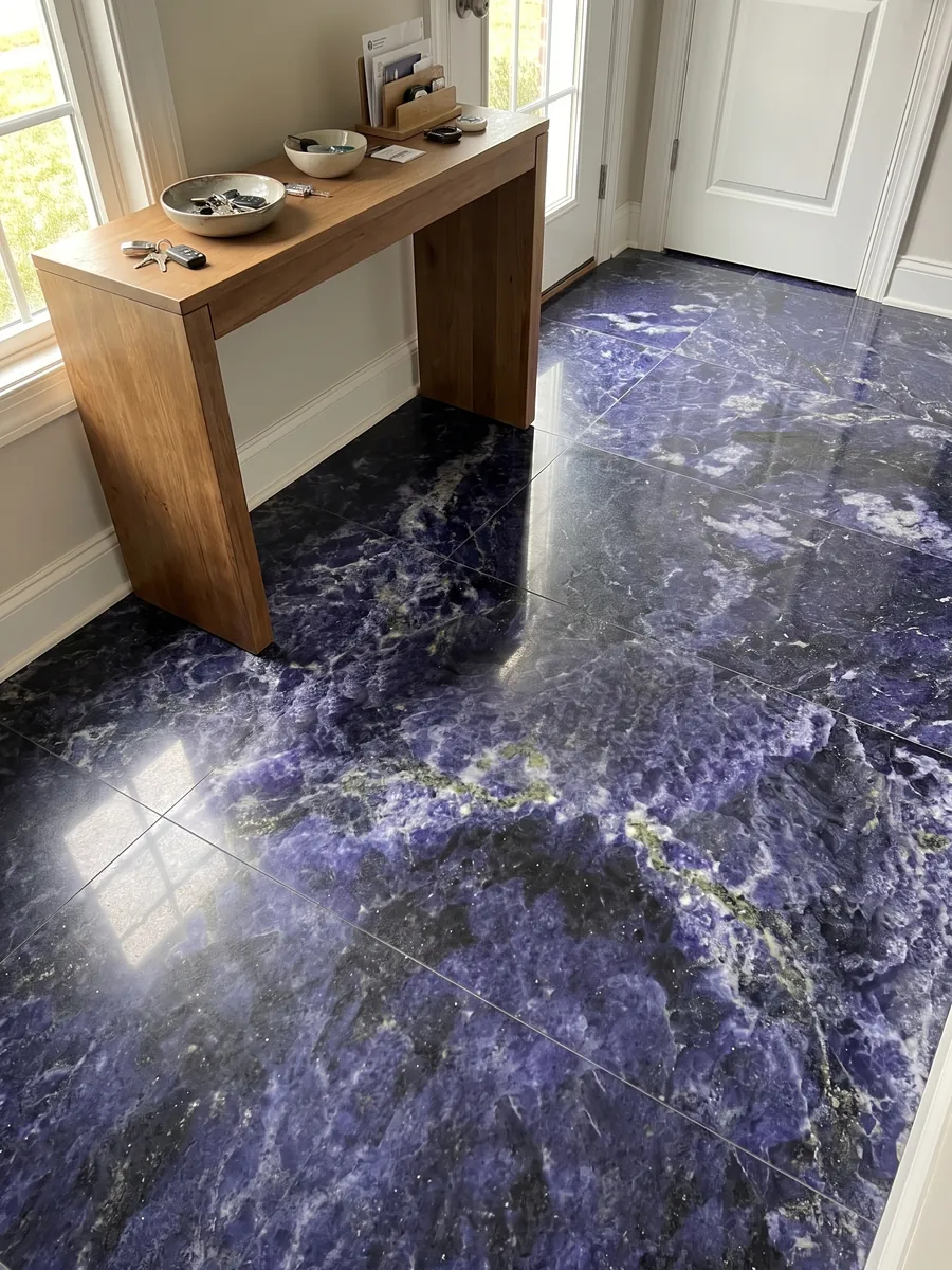 Piso de recibidor en placas grandes de granito azul Jeriba Blue con luz natural: azul violeta intenso con nubes blancas y una línea verde dorada
