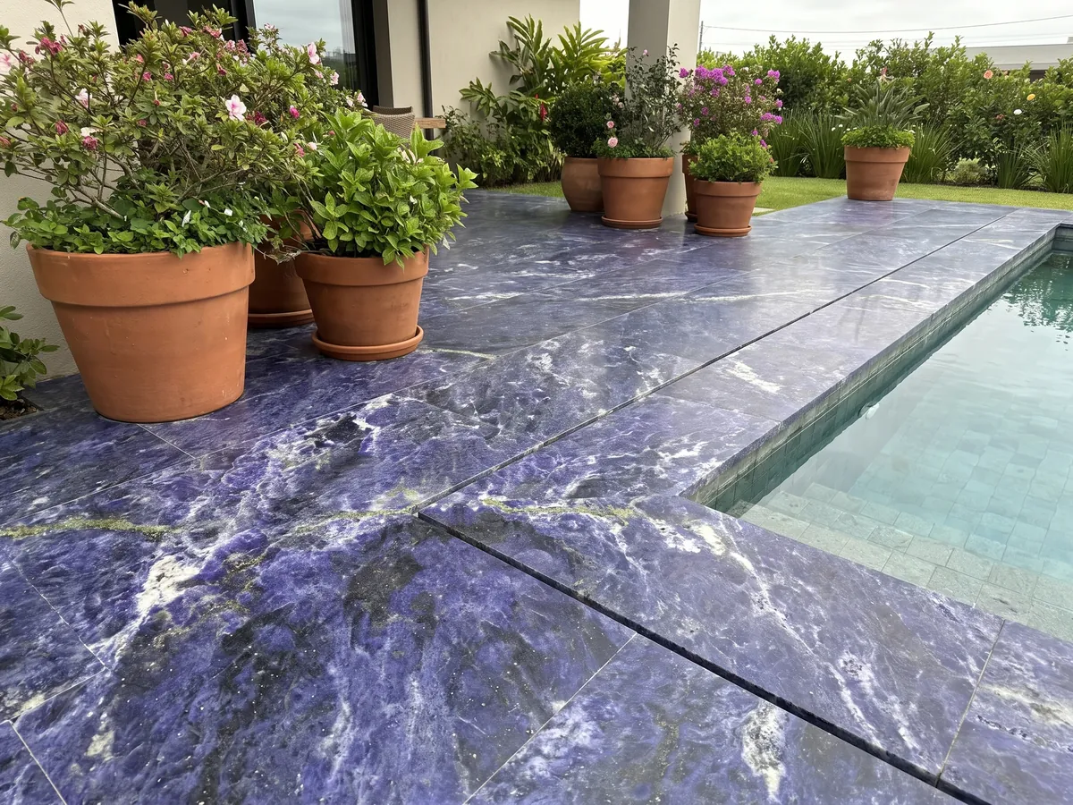 Piso de terraza y borde de piscina en granito azul Jeriba Blue con macetas: azul violeta intenso con nubes blancas y una línea verde dorada