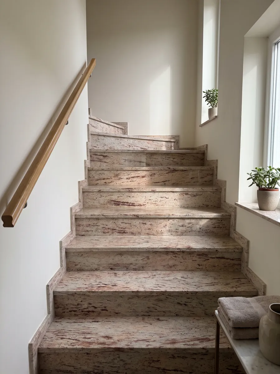 Escalera interior con peldaños de granito beige Ivory Brown con pasamanos: marfil con trazos horizontales rojizos y burdeos