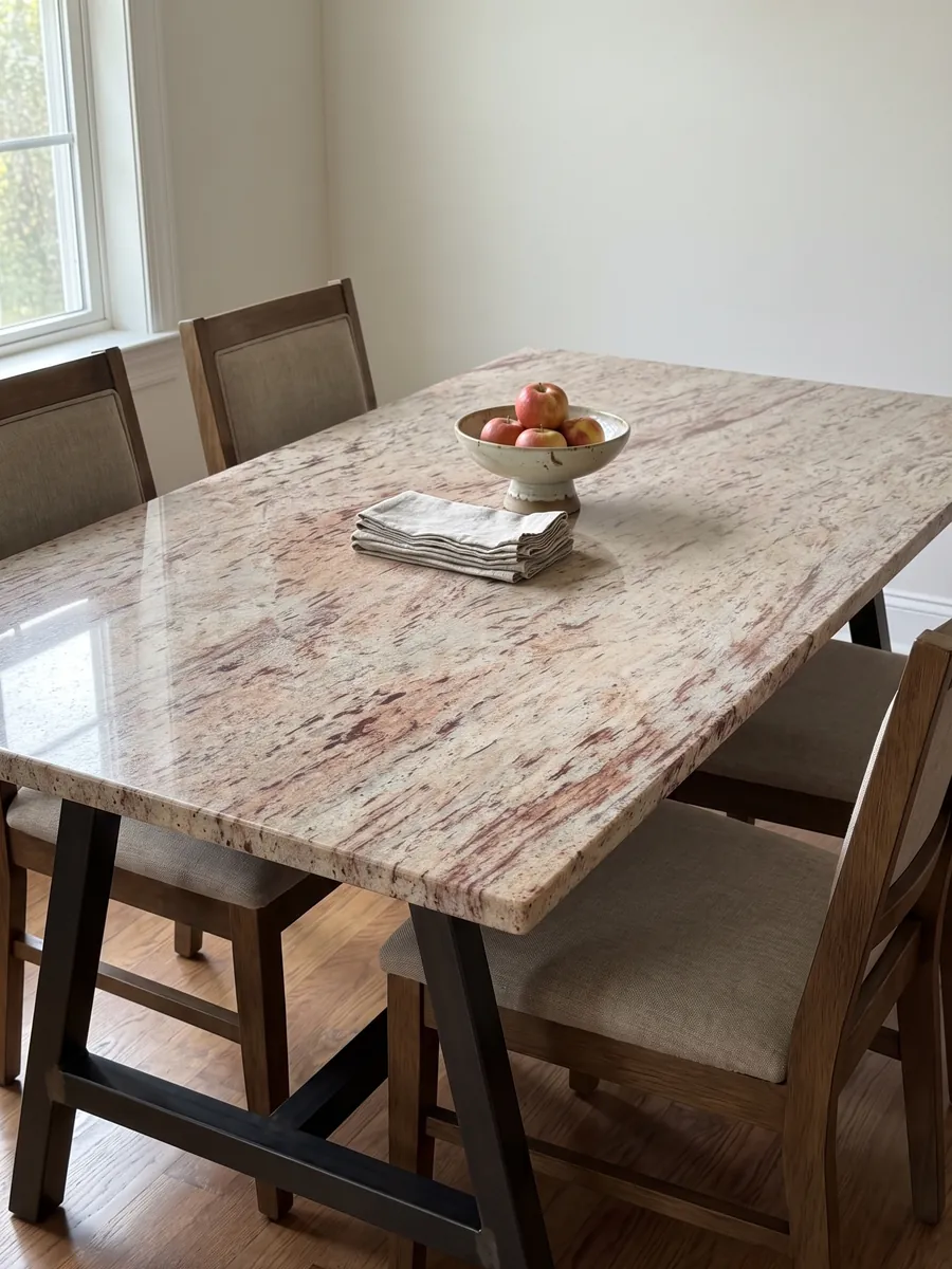 Mesa de comedor con cubierta de granito beige Ivory Brown sobre base de acero: marfil con trazos horizontales rojizos y burdeos