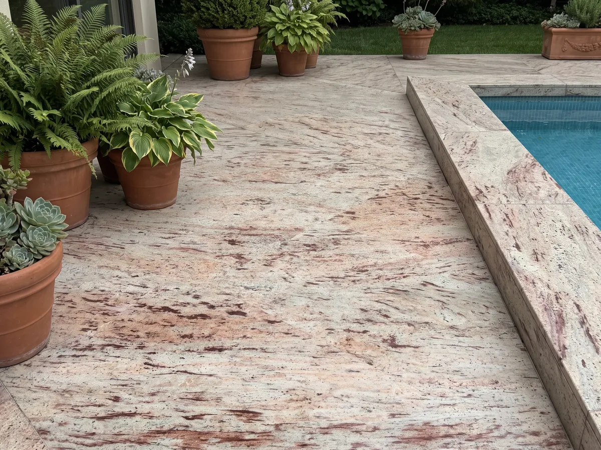 Piso de terraza y borde de piscina en granito beige Ivory Brown con macetas: marfil con trazos horizontales rojizos y burdeos