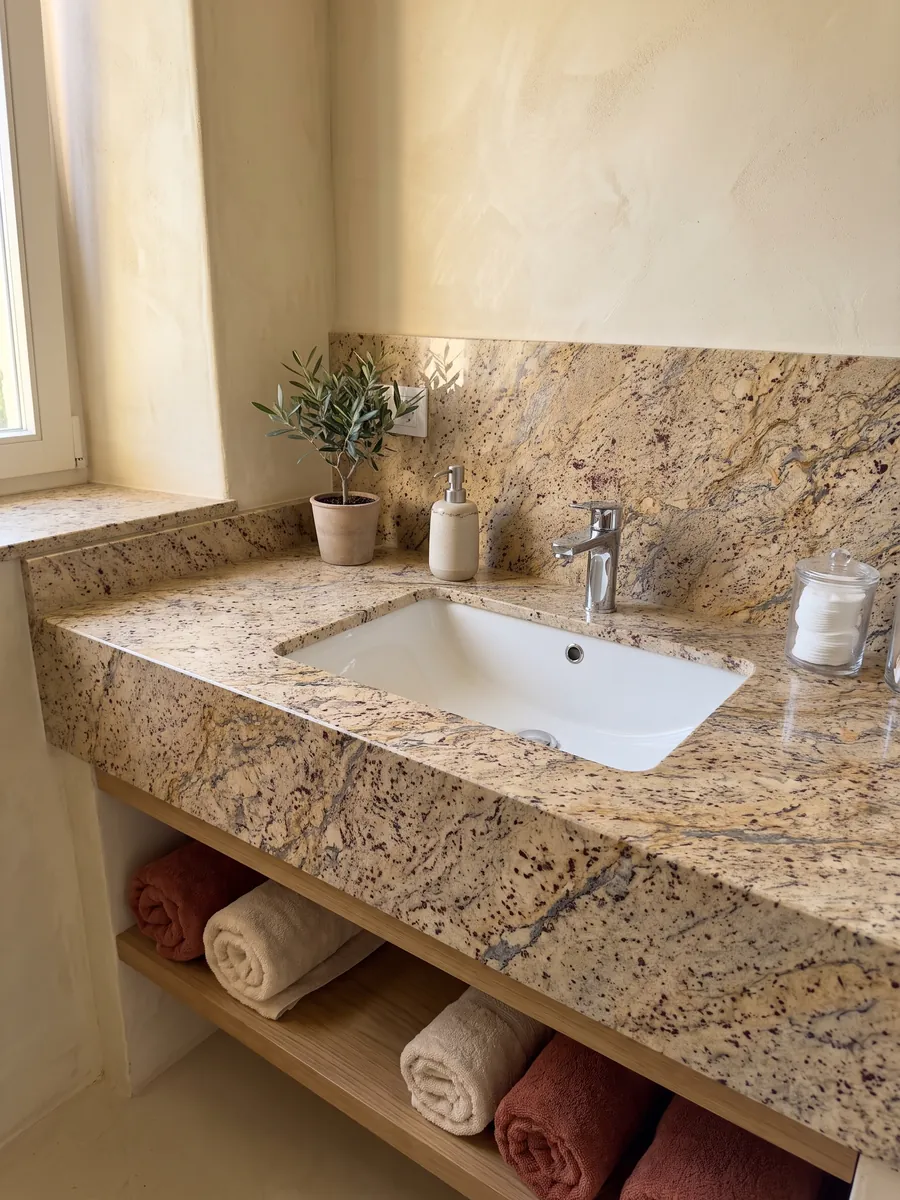 Cubierta de lavabo y pared de baño en granito beige Santa Cecilia con lavamanos blanco y grifería cromada: beige dorado con manchas burdeos y vetas doradas y gris oscuro