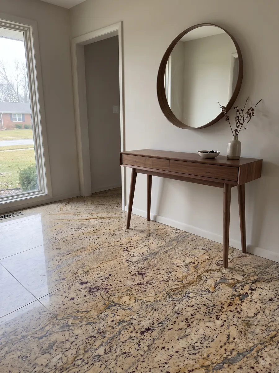 Piso de recibidor en placas grandes de granito beige Santa Cecilia con luz natural: beige dorado con manchas burdeos y vetas doradas y gris oscuro