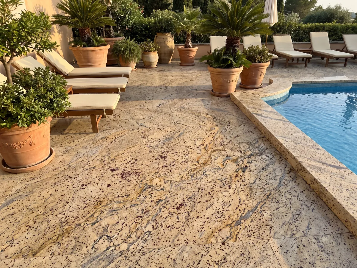 Piso de terraza y borde de piscina en granito beige Santa Cecilia con macetas: beige dorado con manchas burdeos y vetas doradas y gris oscuro