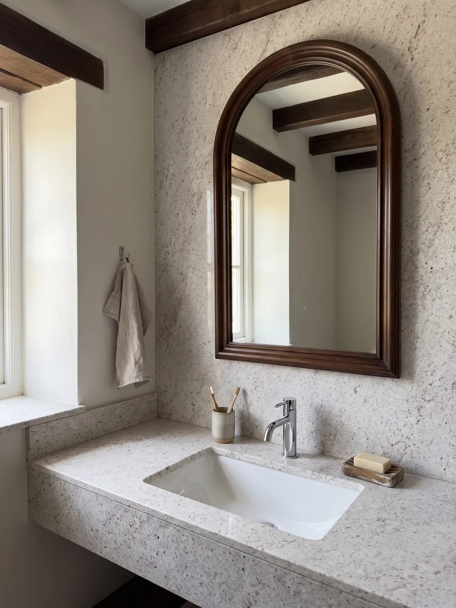 Cubierta de lavabo y pared de baño en granito blanco Branco Siena con lavamanos blanco y grifería cromada: blanco con un moteado fino rosado y gris