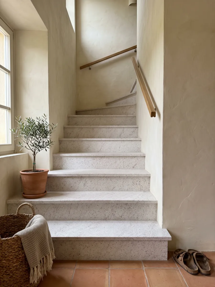 Escalera interior con peldaños de granito blanco Branco Siena con pasamanos: blanco con un moteado fino rosado y gris