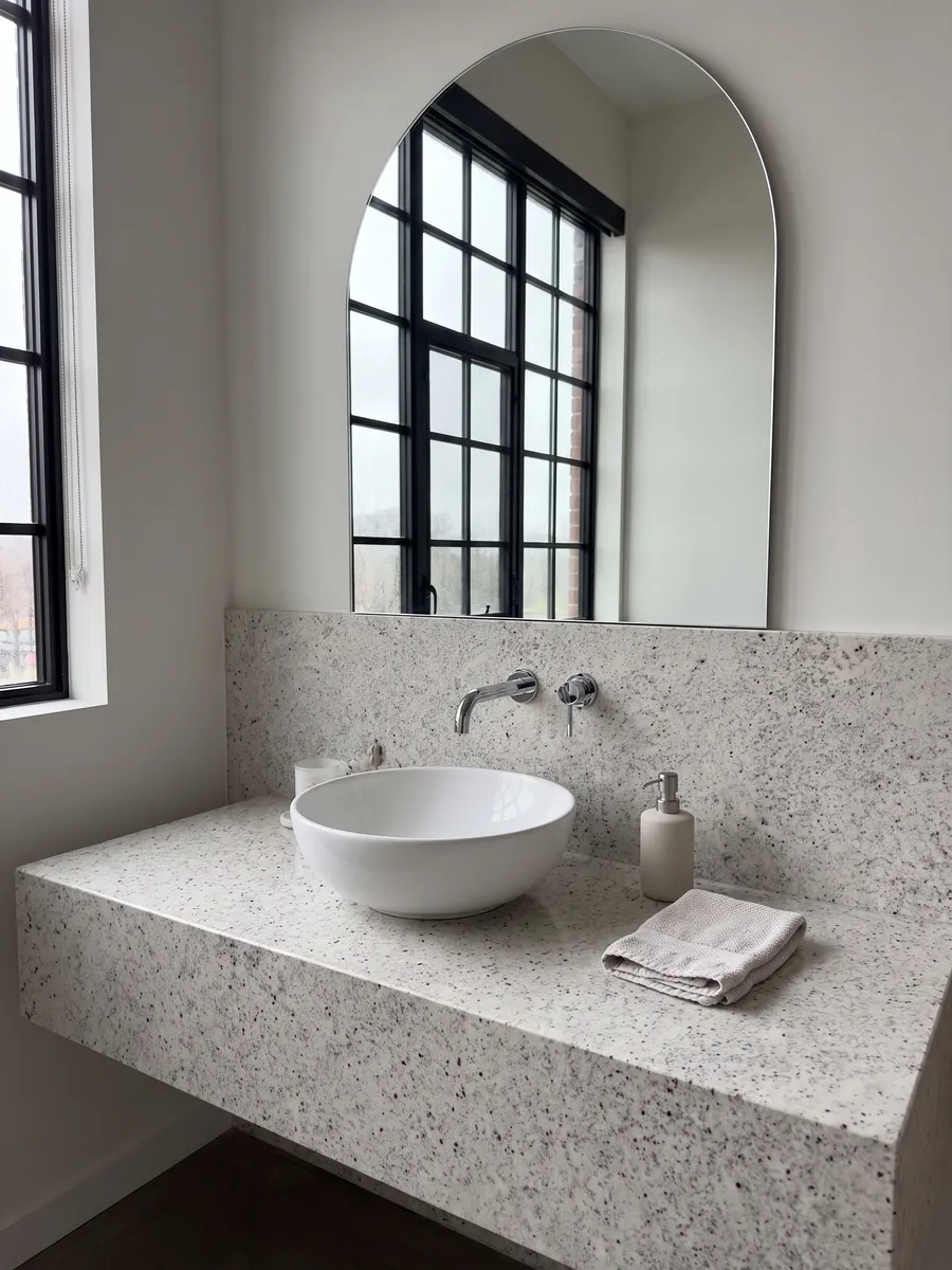 Cubierta de lavabo y pared de baño en Granito Blanco Dallas con lavamanos blanco y grifería cromada: blanco cremoso con un moteado fino gris y pequeños puntos burdeos