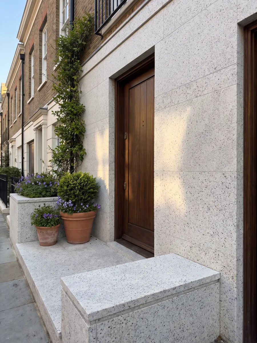 Fachada de casa revestida con Granito Blanco Dallas junto a una puerta de madera: blanco cremoso con un moteado fino gris y pequeños puntos burdeos