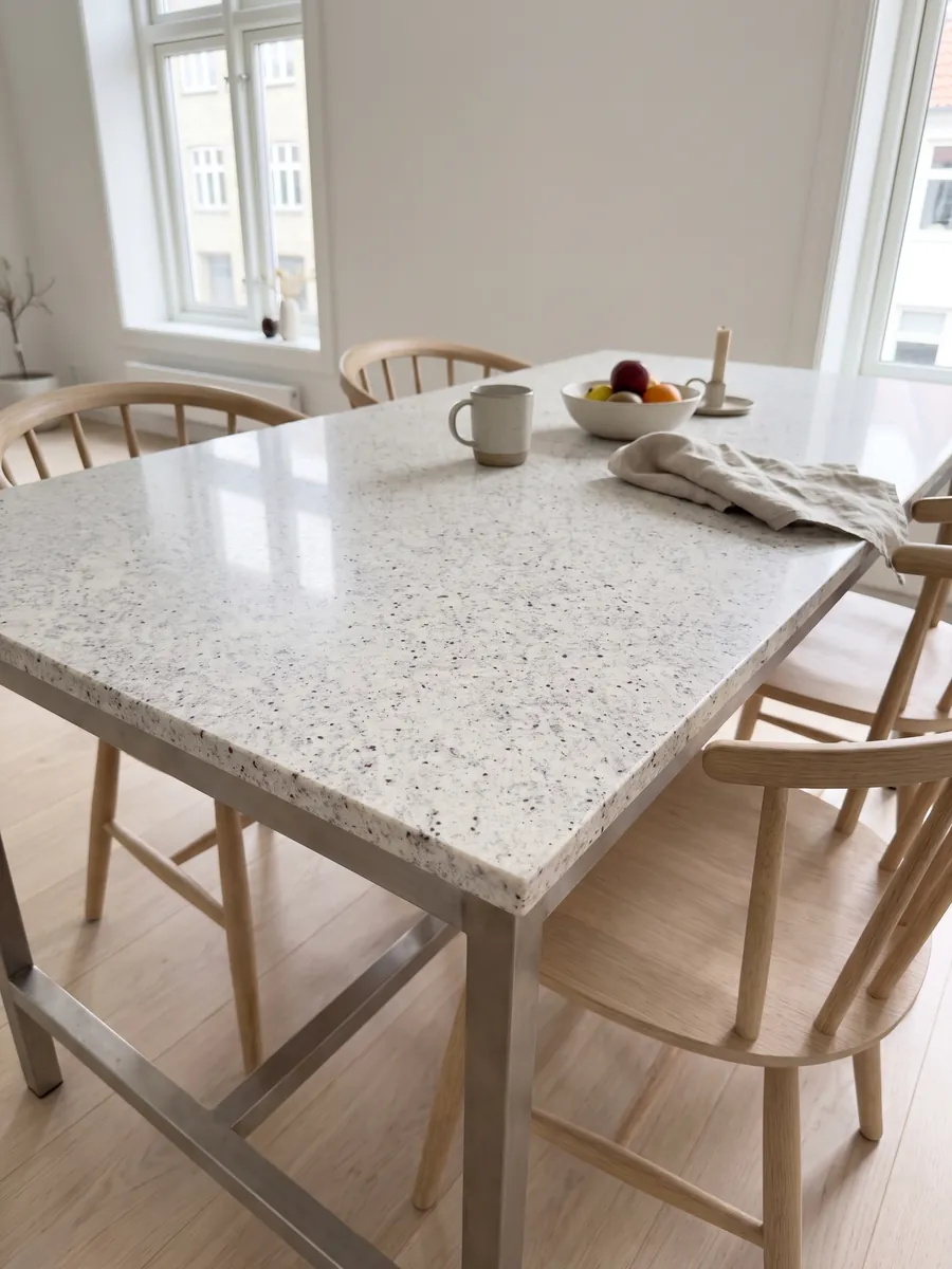 Mesa de comedor con cubierta de Granito Blanco Dallas sobre base de acero: blanco cremoso con un moteado fino gris y pequeños puntos burdeos