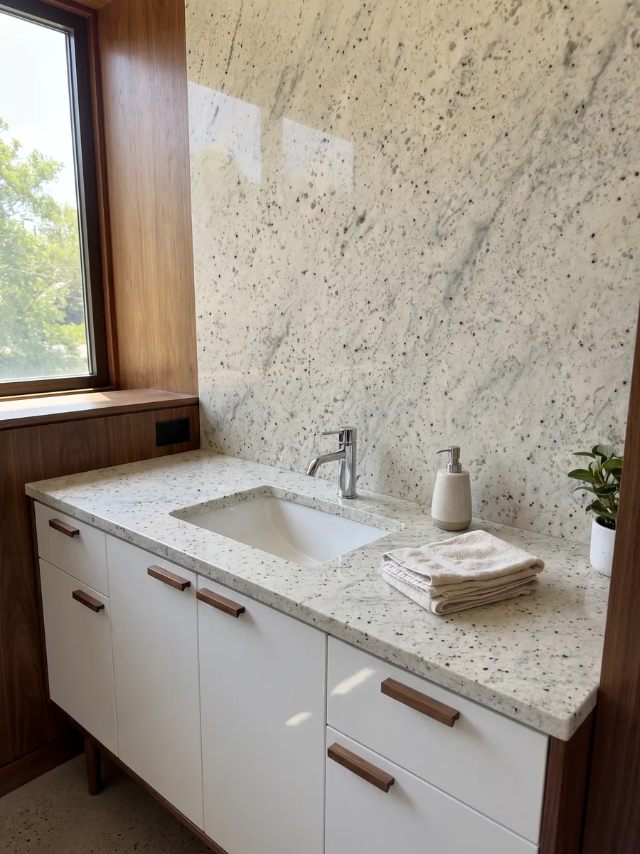 Cubierta de lavabo y pared de baño en granito blanco Kashmir White con lavamanos blanco y grifería cromada: blanco marfil con puntos granate y nubes gris verdoso suaves